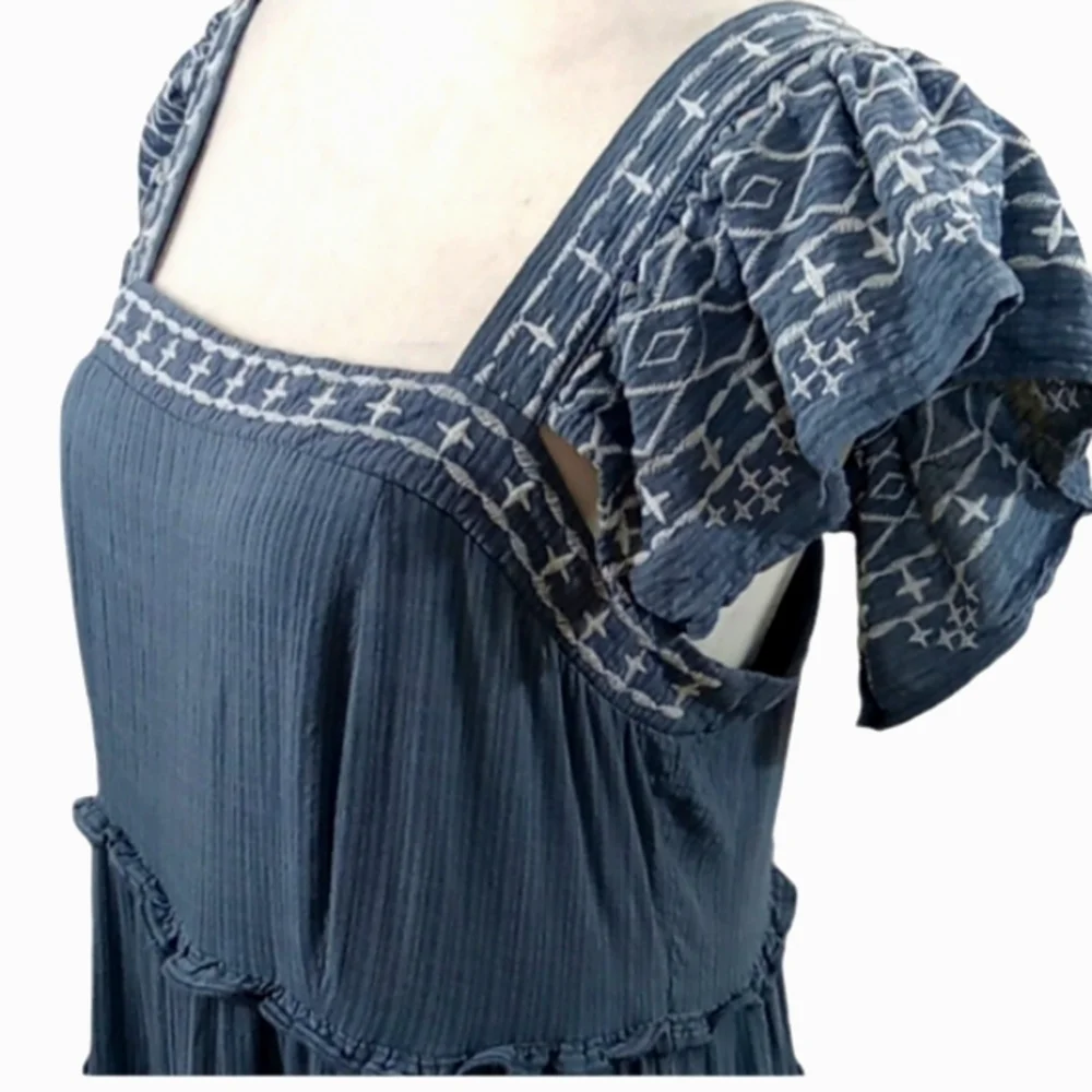 Knox Rose Blue Embroidered Tiered Midi Dress Flutter Sleeves & Pockets Small